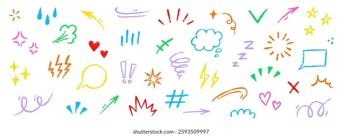 Line movement comic element, cartoon emotion mark effect decoration icon. Hand drawn cute doodle line element arrow, heart, speech bubble. Anime movement, express shape. Vector illustration