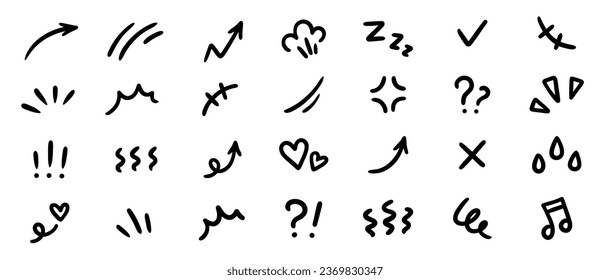 Line movement effect element, cartoon emotion effect decoration icon. Hand drawn cute doodle line element arrow, emphasis, shock, sparkle. Anime movement, express shape. Vector illustration.