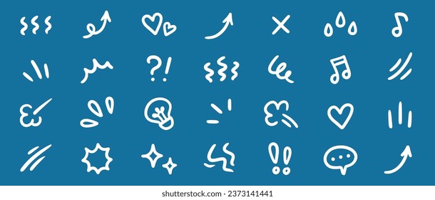 Line movement effect element, cartoon emotion effect decoration icon. Hand drawn cute doodle line element arrow, emphasis, shock, sparkle. Anime movement, express shape. Vector illustration.