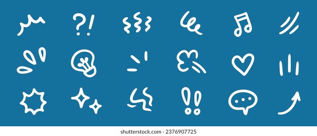 Line movement effect element, cartoon emotion effect decoration icon. Hand drawn cute doodle line element arrow, emphasis, shock, sparkle. Anime movement, express shape. Vector illustration.