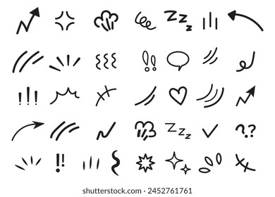 Line movement effect element, cartoon emotion effect decoration icon. Hand drawn cute doodle line element arrow, emphasis, shock, sparkle. Anime movement