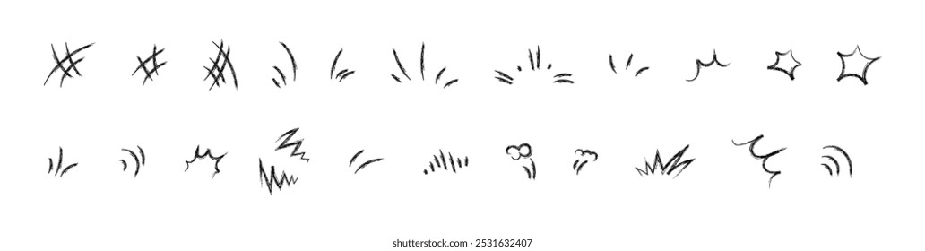 Elemento de efecto de movimiento de línea, icono de decoración de efecto de emoción de dibujos animados. Dibujado a mano lindo doodle línea elemento flecha, énfasis, choque, chispa. Movimiento anime. Ilustración vectorial ingenua de doodle infantil
