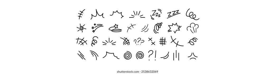 Elemento de efecto de movimiento de línea, icono de decoración de efecto de emoción de dibujos animados. Dibujado a mano lindo doodle línea elemento flecha, énfasis, choque, chispa. Movimiento anime, forma expresa. Ilustración vectorial