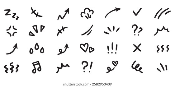 Line movement effect element, cartoon emotion effect decoration icon. Hand drawn cute doodle line element arrow, emphasis, shock, sparkle. Anime movement, express shape. Vector illustration eps.