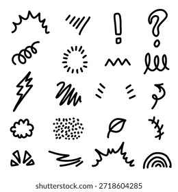 Elemento de efeito de movimento de linha, ícone de decoração de efeito de emoção de desenho animado. Mão desenhada bonito doodle linha elemento seta, ênfase, luz, brilho. Movimento de anime, forma expressa. Ilustração vetorial.