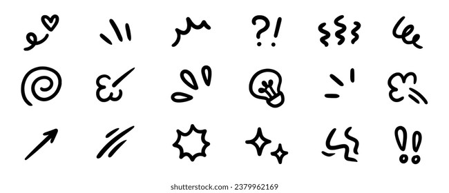 Line movement effect element, express anime effect decoration icon. Hand drawn cute doodle line element arrow, emphasis, shock, sparkle. Anime movement, express shape. Vector illustration