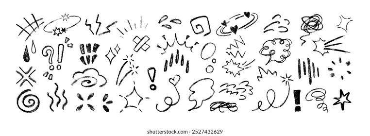 Elemento de movimiento de línea, efecto de emoción de anime. Conjunto de énfasis de lápiz de tiza doodle dibujado a mano, signos de expresión de carbón, líneas de acción o signos de exclamación. Símbolos cómicos de emoji de manga de crayón negro.