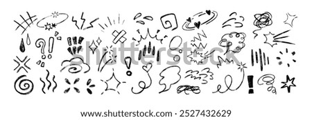 Line movement element, anime emotion effect. Set of hand drawn doodle chalk pencil emphasis, charcoal expression signs, action lines or exclamation marks. Black crayon manga comic symbols of emoji.