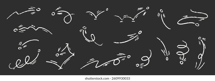Line Movement Element Chalk Vector Set. Crayon Scribble Pointer Shapes Collection. Pen Colorful Hand Drawn Brush Texture Spiral Swirls. Pencil Emphasis Motion Charcoal Doodle Curved Symbols Bundle