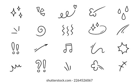 Line movement element, emotion effect decoration icon. Hand drawn doodle line element arrow, emphasis, wind, sparkle. Anime emotion, express shape. Vector illustration. - Shutterstock ID 2264526067