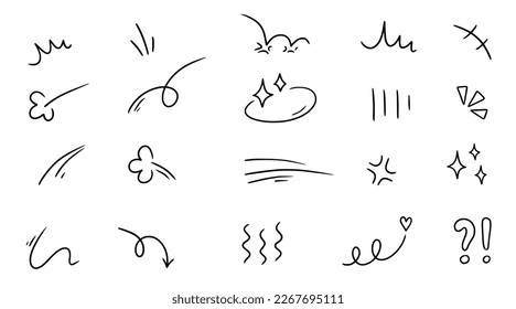 Line movement element, emotion effect decoration icon. Hand drawn doodle line element arrow, emphasis, wind, sparkle. Anime emotion, express shape. Vector illustration. - Shutterstock ID 2267695111