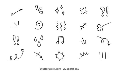 Line movement element, emotion effect decoration icon. Hand drawn doodle line element arrow, emphasis, wind, sparkle. Anime emotion, express shape. Vector illustration.