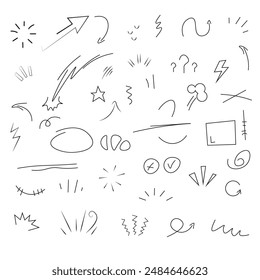 Line movement element, emotion effect decoration icon. Hand drawn doodle line element arrow, emphasis, wind, sparkle. Anime emotion, express shape. Vector illustration.