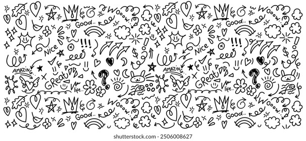 Line movement element, emotion effect decoration icon vector, Abstract, fireworks, hearts, lightning,love , leaf, stars, cone, crowns and other elements in a hand drawn style for concept