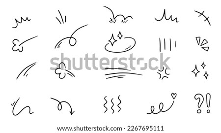 Line movement element, emotion effect decoration icon. Hand drawn doodle line element arrow, emphasis, wind, sparkle. Anime emotion, express shape. Vector illustration.