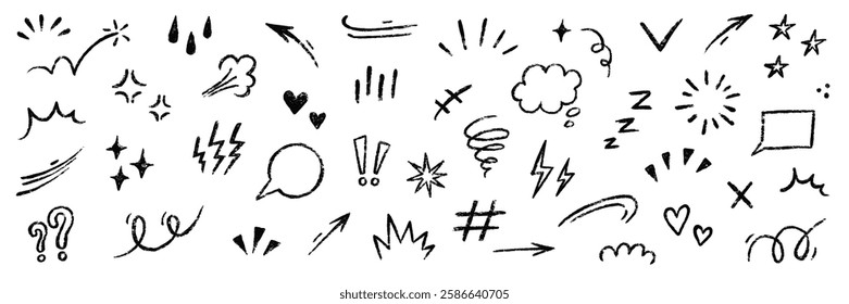 Line movement element hand drawn chalk effect decoration shape. Hand drawn cute doodle line element arrow, emphasis, shock, sparkle. Motion cartoon movement chalk icon. Vector illustration