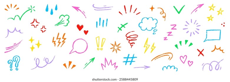 Line movement element hand drawn chalk effect decoration shape. Hand drawn cute doodle line element arrow, emphasis, shock, sparkle. Motion cartoon movement chalk icon. Vector illustration