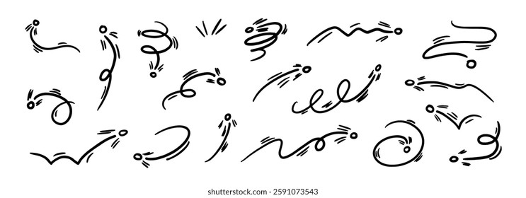 Line Movement Element Pen Vector Set. Chalk Scribble Pointer Shapes Collection. Crayon Colorful Hand Drawn Brush Texture Spiral Swirls. Pencil Emphasis Motion Marker Doodle Curved Symbols Bundle