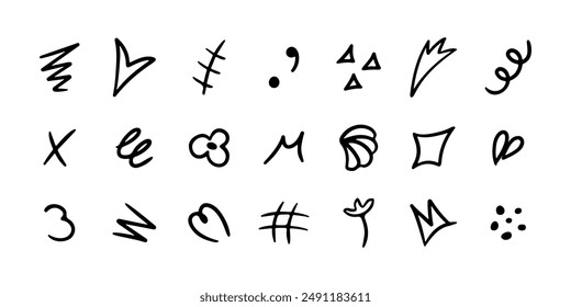 Line movement element set, emotion graphic effects, decoration icons. Doodle line elements, arrow, emphasis, heart, wind, zigzag, sparkle. Hand drawn Anime emotion, express shape.