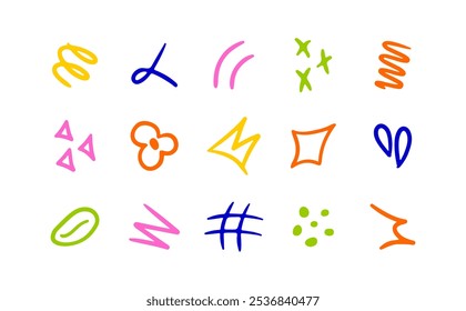 Conjunto de elementos de movimiento de línea, efectos gráficos de emoción, iconos de decoración. Elementos brillantes de la línea del doodle del color, flecha, énfasis, corazón, viento, zigzag, chispa. Dibujado a mano Anime emoción, expresar forma.