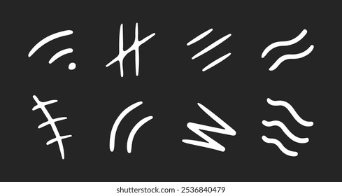 Line movement element set, emotion graphic effects, decoration icons. Doodle line elements, arrow, emphasis, heart, wind, zigzag, sparkle. Hand drawn Anime emotion, express shape on black background