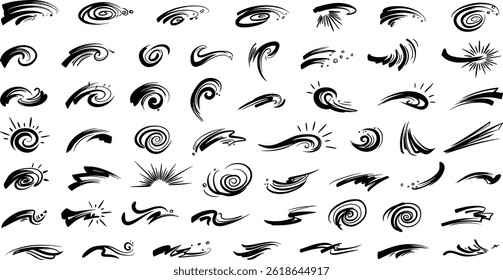 line movement element vector set, comic speed lines, motion lines, dynamic effect, manga action elements, swoosh, burst, swirl, impact stroke, motion streaks,