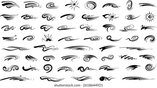 line movement element vector set, comic speed lines, motion lines, dynamic effect, manga action elements, swoosh, burst, swirl, impact stroke, motion streaks,