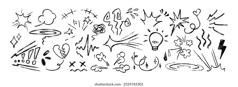 Line movement elements, anime manga doodle set. Black crayon comic emotion symbols, emoji icons. Hand drawn chalk pencil explosion effects, charcoal expression signs, exclamation marks or action lines