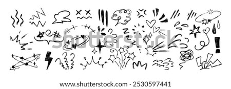 Line movement elements, anime manga doodle set. Black crayon comic emotion symbols, emoji icons. Hand drawn chalk pencil explosion effect, charcoal expression signs, action lines or exclamation marks