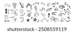 Line movement elements. Hand drawn chalk doodle expression signs, lines, sunburst, emphasis, sparkle ray, wind or exclamation marks. Charcoal pencil emotion effect decoration icons, anime manga sparks