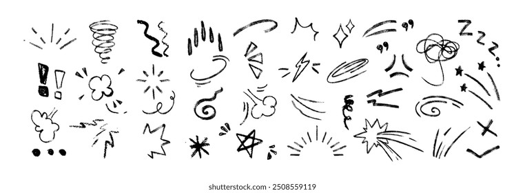 Elementos de movimiento de línea. Signos de expresión de garabatos de tiza dibujados a mano, líneas, explosión de sol, énfasis, rayo de chispa, viento o signos de exclamación. Iconos de la decoración del efecto de la emoción del lápiz del carbón de leña, chispas del manga del anime