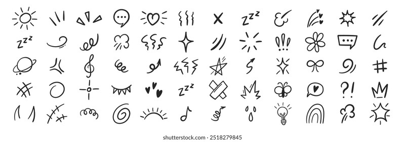 Line movement elements, hearts, sun, arrows and comic hand drawn cartoon icons. Outline vector illustration.