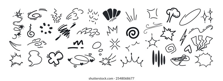 Line movement elements, japanese manga emotion effects doodle icons set. Hand drawn anime comic expression symbols or scribbles. Explosions, swirl, emphasis, wind, sparkles and decorative action lines