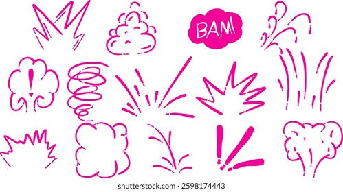 Line movement elements, japanese manga emotion effects doodle icons set. Hand drawn black anime comic expression symbols or scribbles. Action lines, explosions, swirls, emphasis and exclamation marks