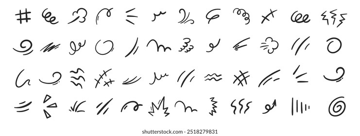 Line movement elements, motion elements and hand drawn cartoon icons. Outline vector illustration.