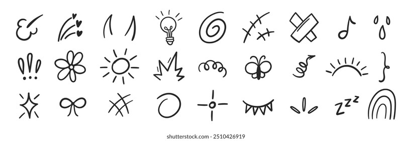 Line movement elements, star, arrows and comic hand drawn cartoon icons. Outline vector illustration.