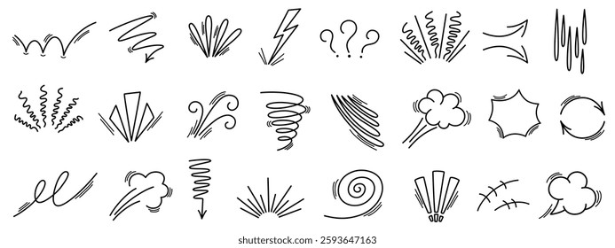Line movement emotion effect element, cartoon emotion effect decoration icon. Hand drawn effect manga doodle line element arrow, emphasis, shock, sparkle. Expression sign anime line movement vector