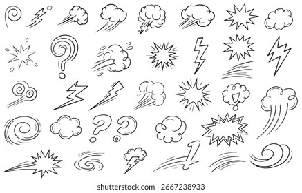 Line movement emotion effect element, cartoon emotion effect decoration icon. Hand drawn effect manga doodle line element arrow, emphasis, shock, sparkle. Expression sign anime line movement vector