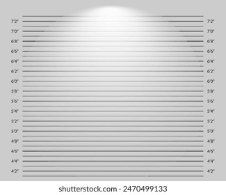 Line up mugshot background with lighting effect. Police height chart for photoshoot of wanted, arrested or suspected person identification. Crimanal profile template. Vector graphic illustration.