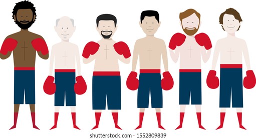 line up of multicultural male boxers. eps vector file available.