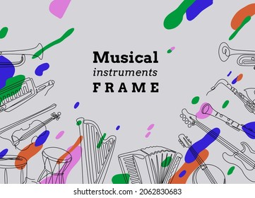 Line music background. Abstract contemporary framing with continuous line jazz and orchestral instruments. Vector music show placard