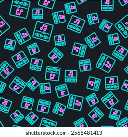 Line Music player icon isolated seamless pattern on black background. Portable music device.  Vector