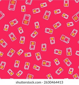 Line Music player icon isolated seamless pattern on red background. Portable music device.  Vector