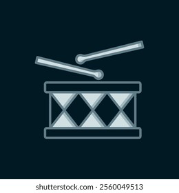 Line Musical instrument drum and drum sticks icon isolated on black background. Flat filled outline style with shadow. Vector