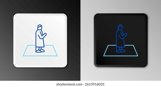 Line Muslim man prays on the carpet icon isolated on grey background. Colorful outline concept. Vector