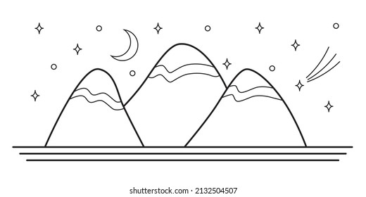 Line nature landscape. hand drawn doodle sketch mountains. Hand drawn vector illustration. T-shirt, poster, banner, badge, emblem, sticker, placard.