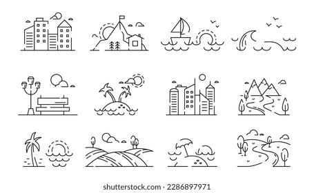 Line nature scene. Countryside landscape, sea water, lake icons. River or ocean beach seascape, field or town, perfect urban park and desert. Outline collection. Vector garish line pictograms