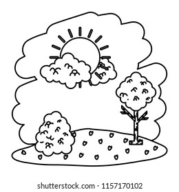 line nature sun with clouds and tree landscape