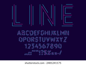 Line neon font, modern futuristic type vector typography set. English alphabet tech typeface with future technology digital letters and numbers. Abstract minimal neon line abc characters and symbols