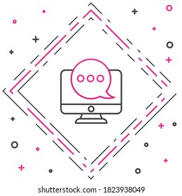 Línea Nueva notificación de mensajes de chat en el icono de monitor aislado en fondo blanco. Smartphone hablando mensajes sms burbujas de voz. Concepto de esquema colorido. Ilustración vectorial